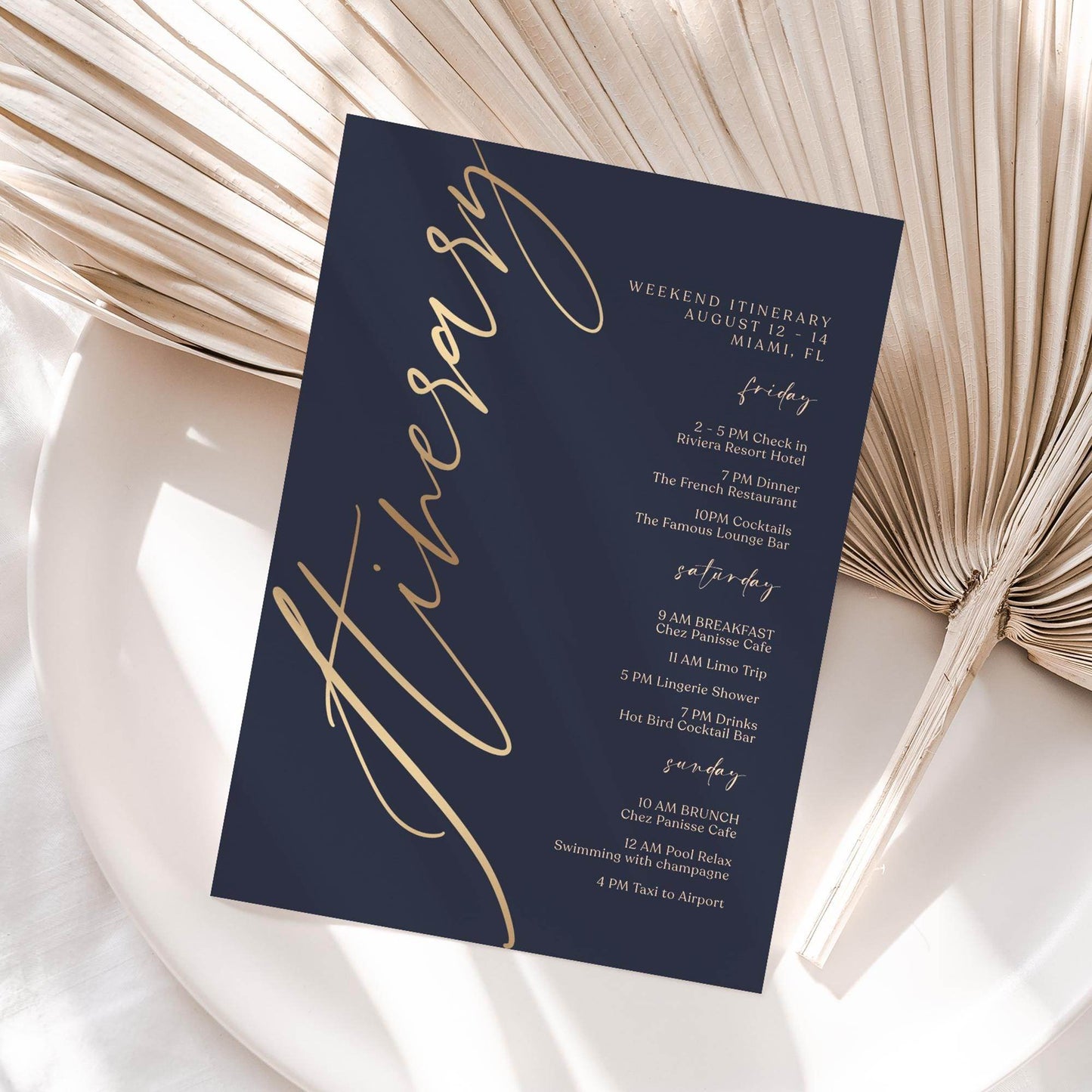 Navy Gold Weekend Itinerary Template, Editable Printable Birthday or Anniversary Weekend Schedule, Digital Events Itinerary, Instant Download, Email Text Message