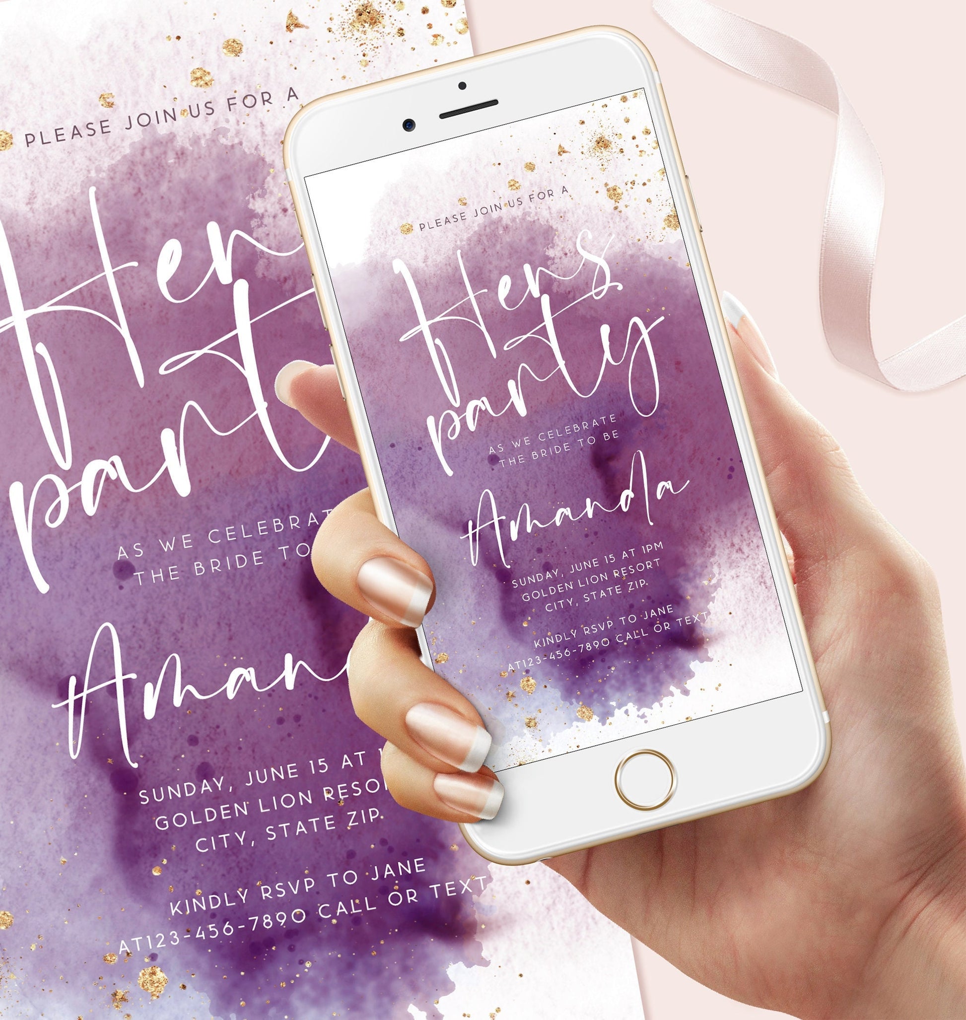 Digital Purple Hens Party Invitation Template, Electronic Hens Party Invite, Bachelorette Email Text Message Evite, Custom Mobile Invitation