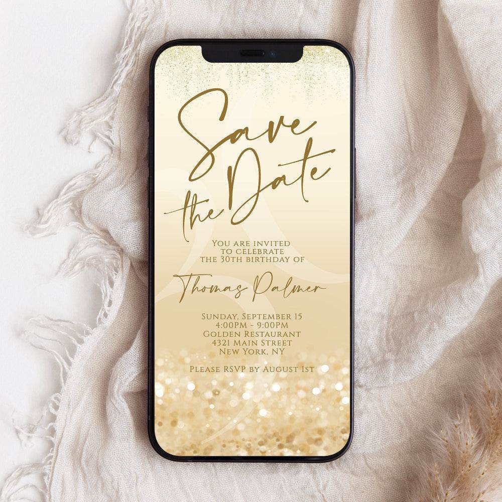 Digital Gold Save The Date Invitation Template | Editable Evite | DIY Mobile Invite, Phone Invitation