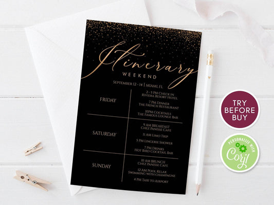 Printable Dark & Gold Confetti Itinerary Invitation Template – Editable Weekend Schedule for Bachelorette, Hens Party, or Birthday | Digital Download