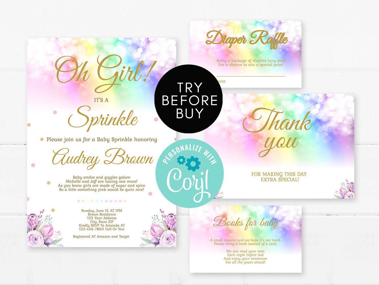 Rainbow Baby Sprinkle Invitation Girl – Floral Baby Sprinkle Invitation Template – Printable Editable Girl Baby Shower Invite – DIY Download