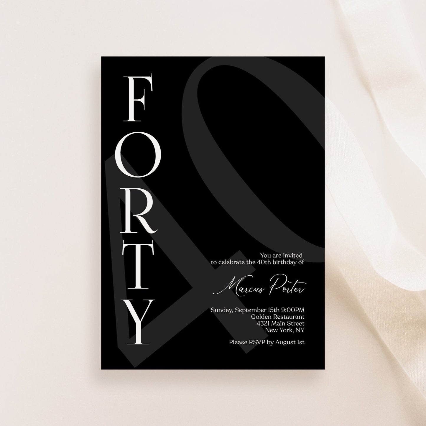 Minimalist Black 40th Birthday Invitation Template - Editable Design