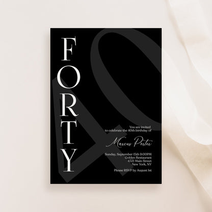 Minimalist Black 40th Birthday Invitation Template - Editable Design