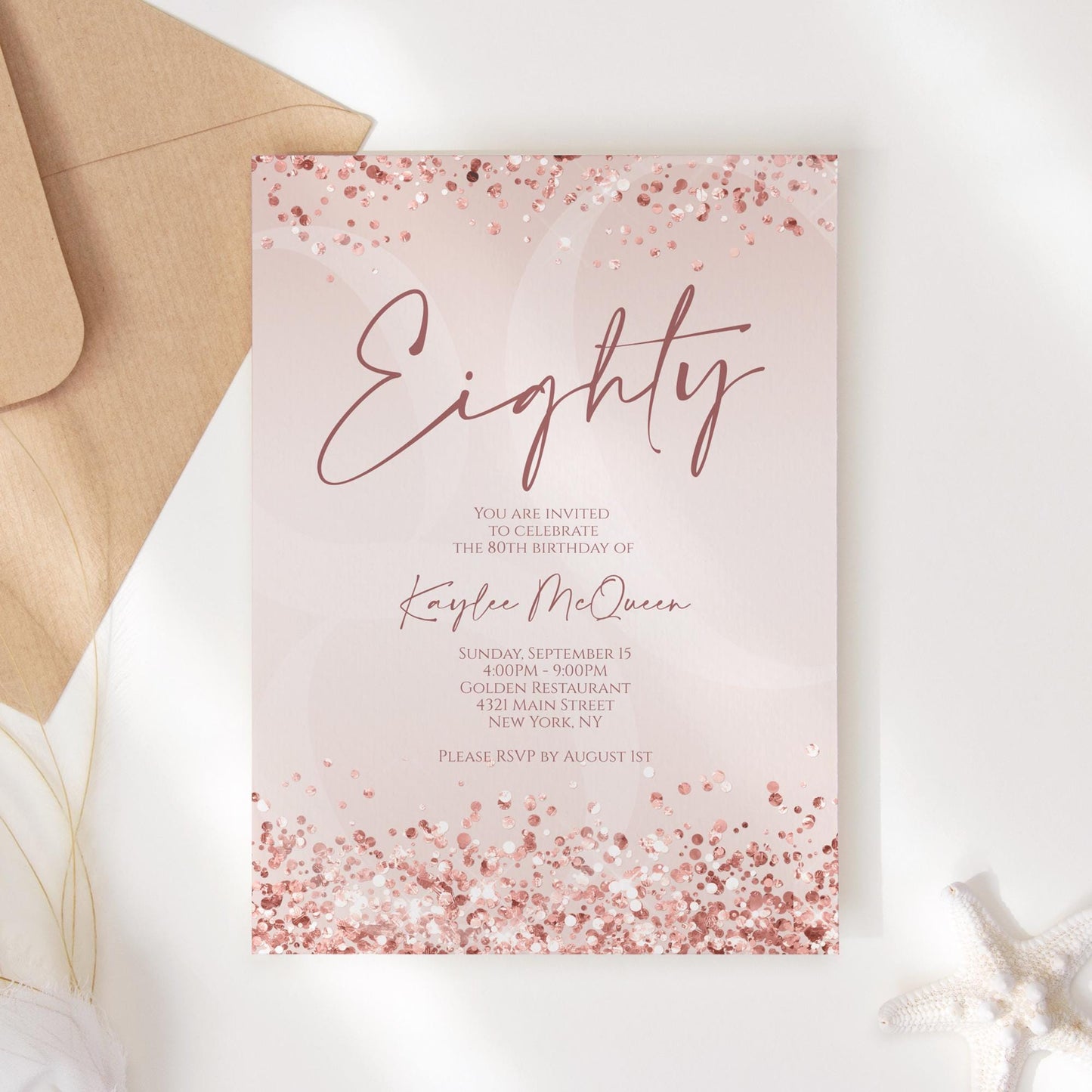 Rose Gold 80th Eighty Invitation Template Printable, Editable Pink Women 80th Birthday Invite, Email Text Message, Birthday Card Invitation