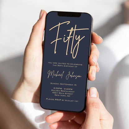 Navy Gold 50th Birthday Electronic Invitation Evite – Editable Phone Text Message Invite | Digital Email Men’s Birthday Template | Instant Download