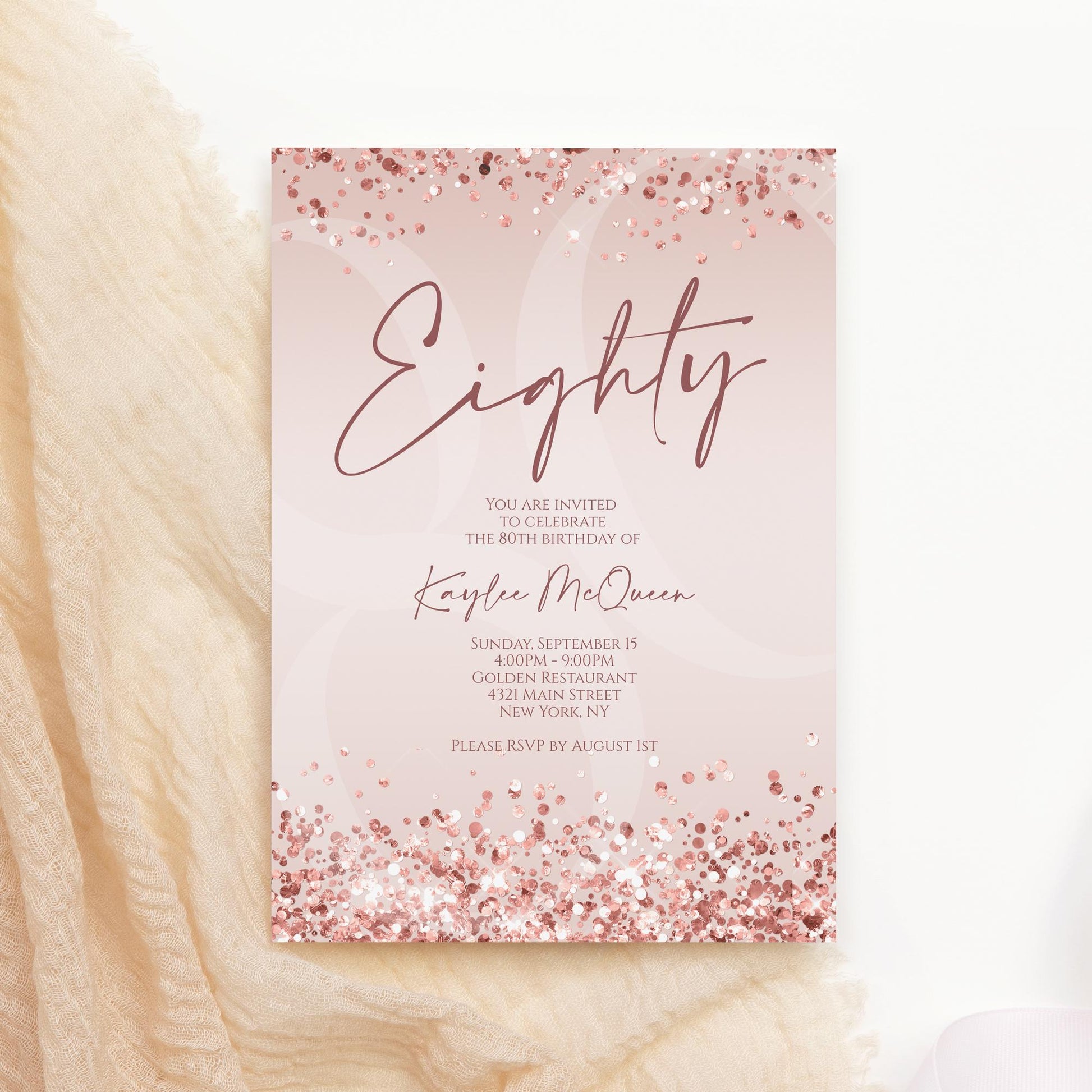 Rose Gold 80th Eighty Invitation Template Printable, Editable Pink Women 80th Birthday Invite, Email Text Message, Birthday Card Invitation
