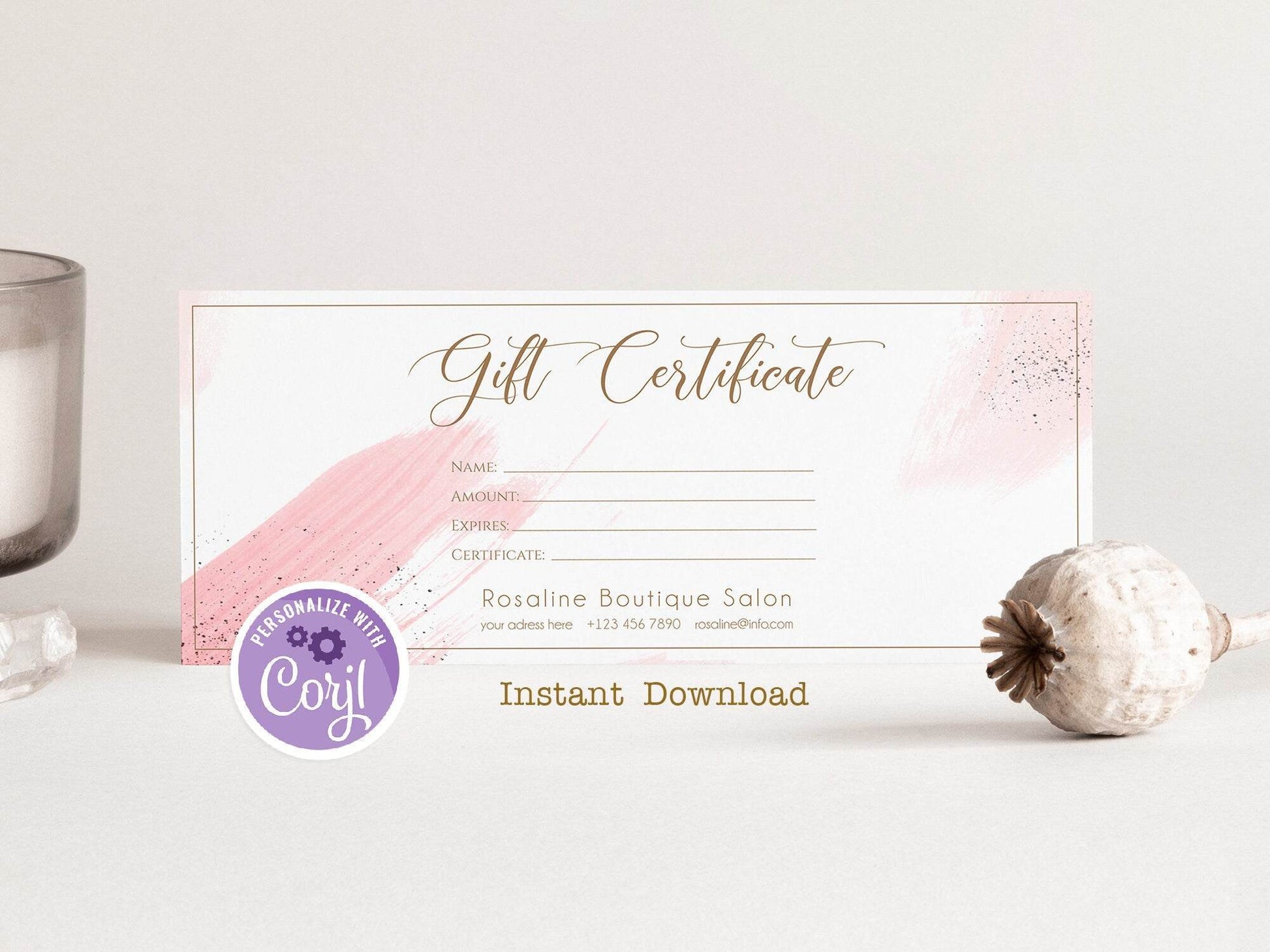 Editable Rose Gold Gift Certificate Template – Watercolor Gift Card, Printable Gift Voucher, Corjl Template, Business Logo Shop Voucher