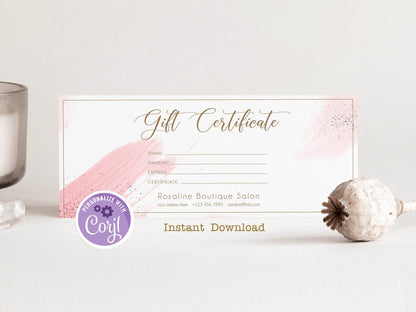 Editable Rose Gold Gift Certificate Template – Watercolor Gift Card, Printable Gift Voucher, Corjl Template, Business Logo Shop Voucher