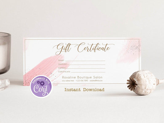 Editable Rose Gold Gift Certificate Template – Watercolor Gift Card, Printable Gift Voucher, Corjl Template, Business Logo Shop Voucher
