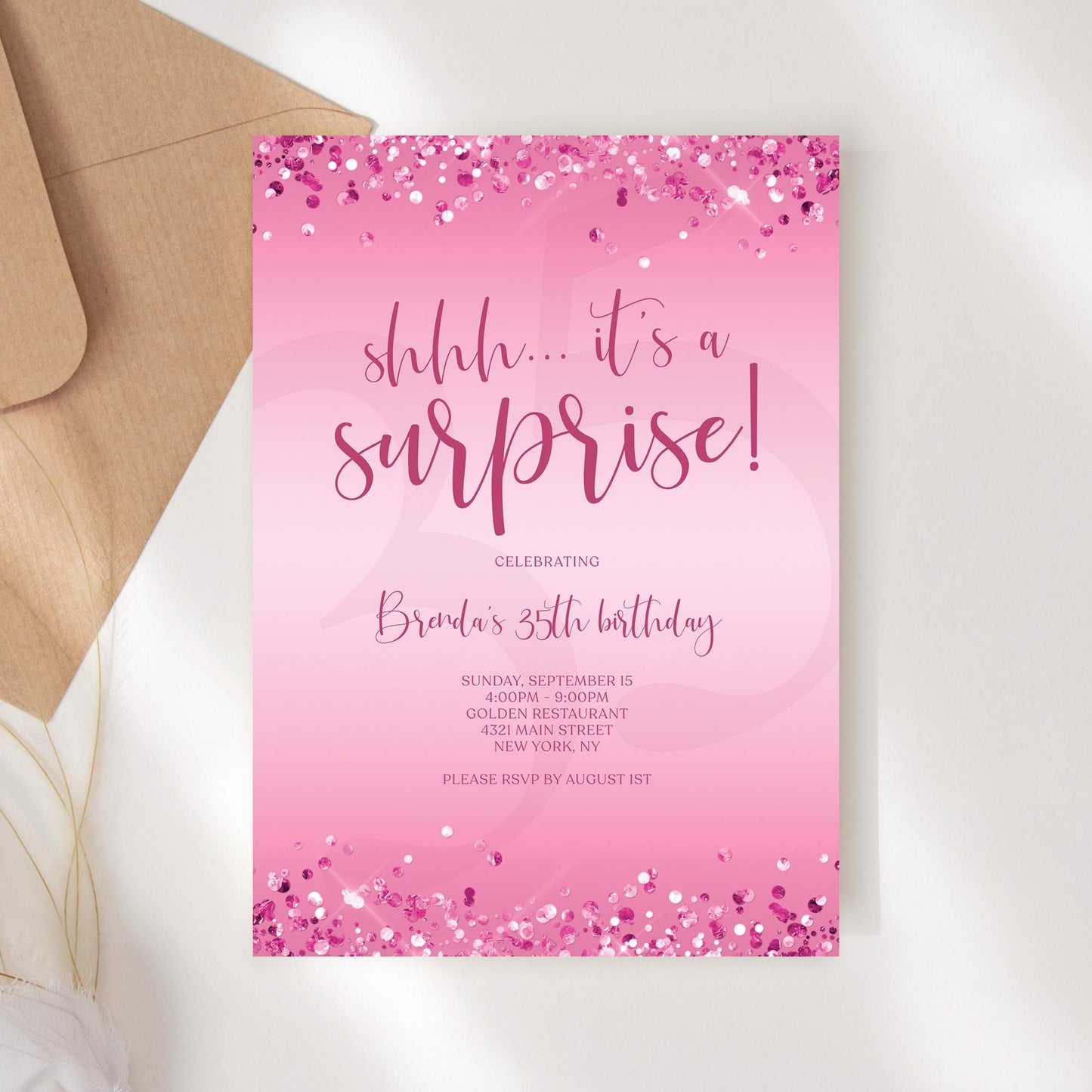 Surprise Birthday Invitation Template - Pink Confetti Design | Instant Download