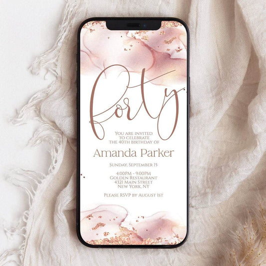 40th Birthday Electronic Invite, Rose Gold Foil Editable Phone Invitation, SMS Email Text Message Evite, DIY Digital Birthday Template, Instant Download