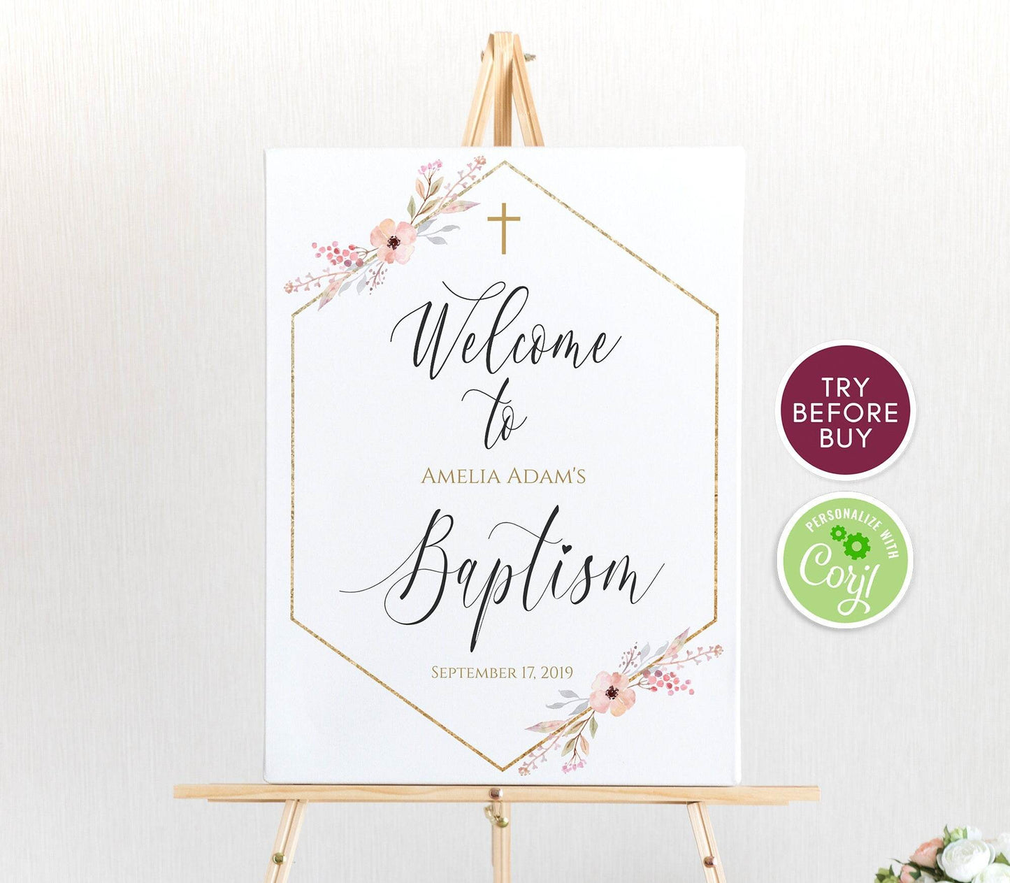 Geometric Baptism Welcome Sign Template, Pink Floral Hexagon Design, Editable Printable Christening Sign for Boy or Girl, Instant Download