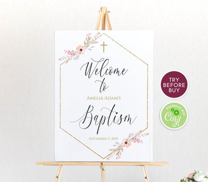 Geometric Baptism Welcome Sign Template, Pink Floral Hexagon Design, Editable Printable Christening Sign for Boy or Girl, Instant Download