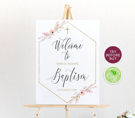 Geometric Baptism Welcome Sign Template, Pink Floral Hexagon Design, Editable Printable Christening Sign for Boy or Girl, Instant Download
