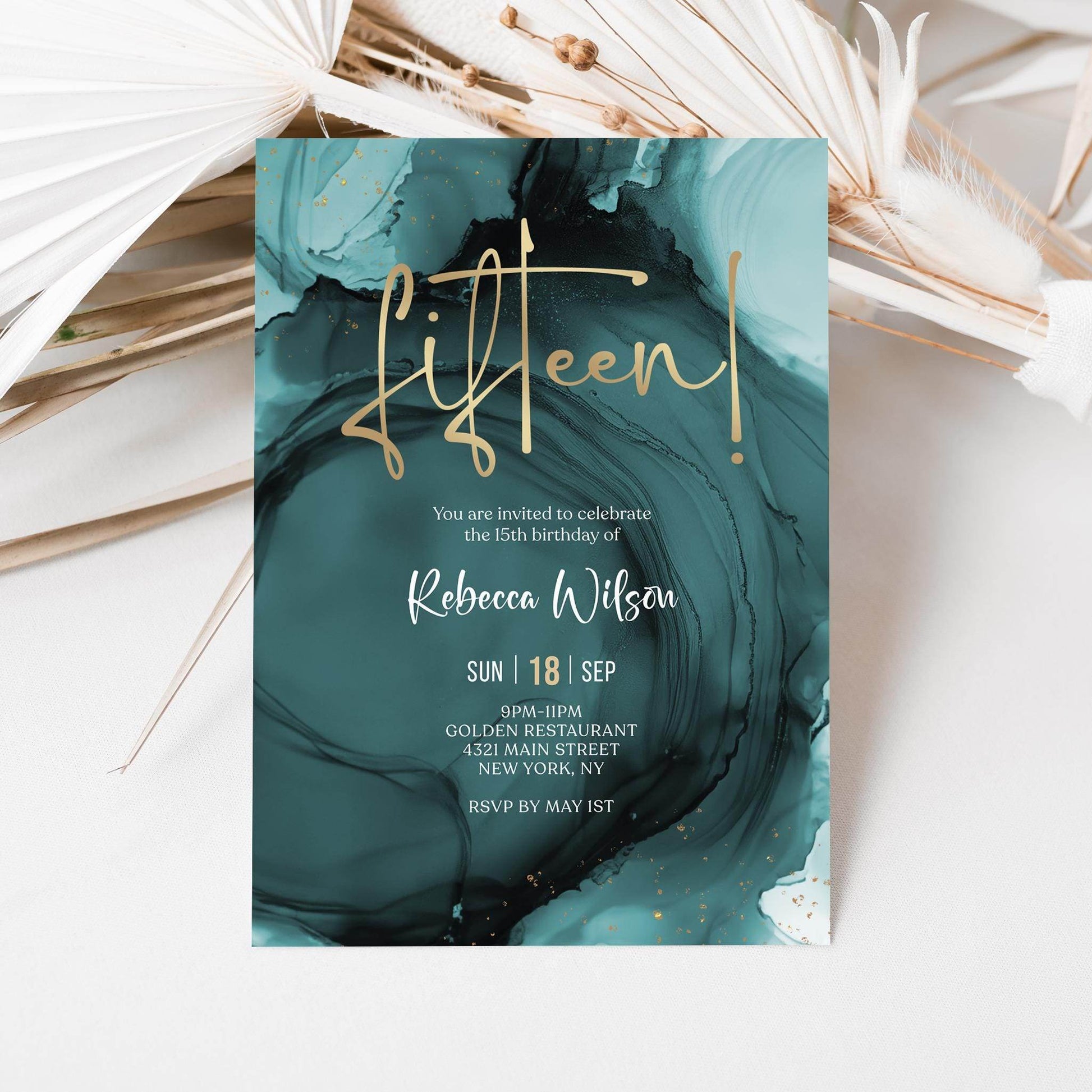 Teal Gold 15th Birthday Invitation Template, Printable Girl or Boy Party Invite, Editable Surprise Birthday Invitation, Digital Download