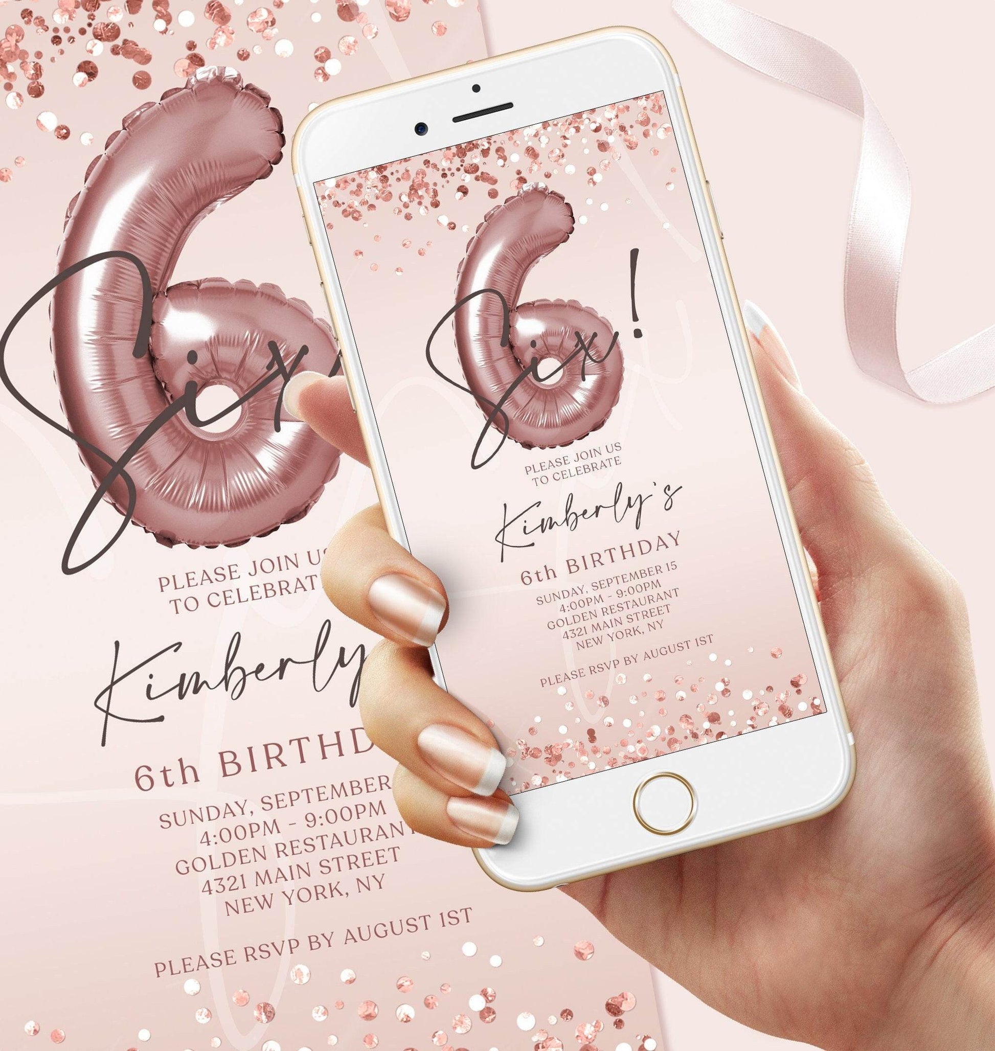 6th Girl Birthday Invitation Template – Digital Rose Gold Mobile Invite – Editable Text Message Evite – DIY Instant Download