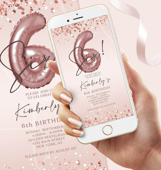 6th Girl Birthday Invitation Template – Digital Rose Gold Mobile Invite – Editable Text Message Evite – DIY Instant Download