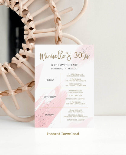 Birthday Itinerary Template | Editable Rose Gold Weekend Schedule | Printable Birthday Party Itinerary | Instant Download Celebration Planner