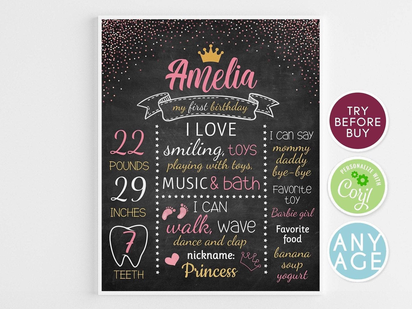 Confetti First Birthday Princess Girl Chalkboard Sign Gold Glitter Pink - 1st bday Board printable Poster Banner milestone Instant Download