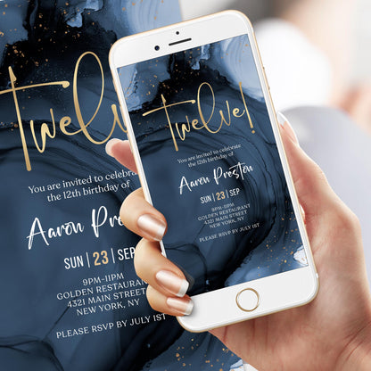 12th Boy Birthday Invitation Template | Navy Gold Design, Instant Download