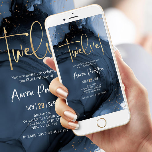 Blue Navy Gold 12th Twelve Boy Birthday Invitation Template, Digital Boy Birthday Party Invite, Electronic Invitation, Text Message Evite, Instant Download 