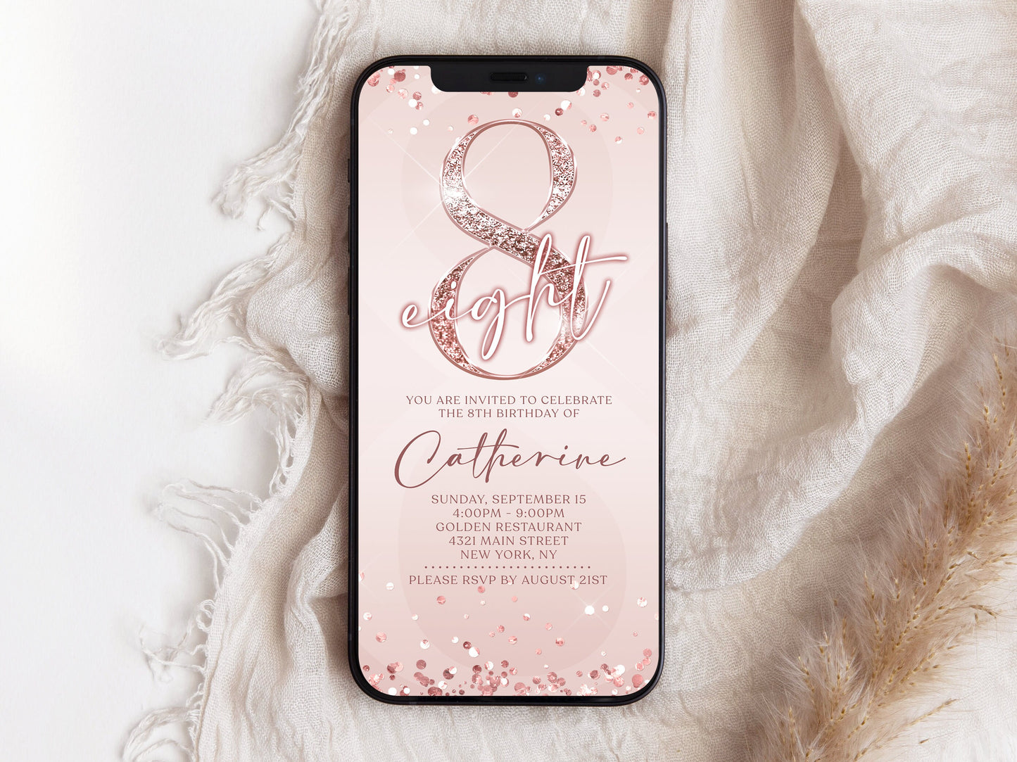 Pink 8th Birthday Invitation Template | Rose Gold Foil Details | Editable Evite