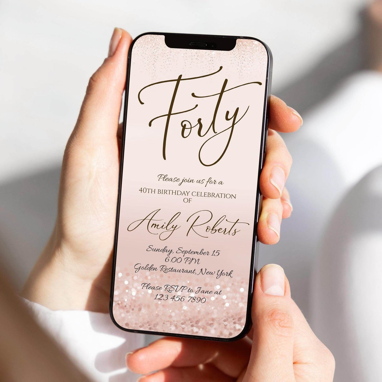 Electronic Forty 40th Birthday Evite Text Invitation Template, Rose Gold Editable Digital Invite, Mobile Birthday Party Invitation Download