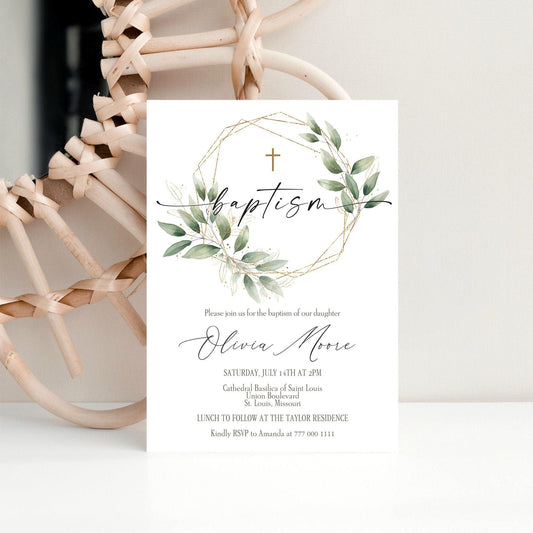 Printable Gold Geometric Baptism Invitation, Greenery Watercolor Baptism Invitation, Baptism Invitation, Baptism Template, Editable Invite