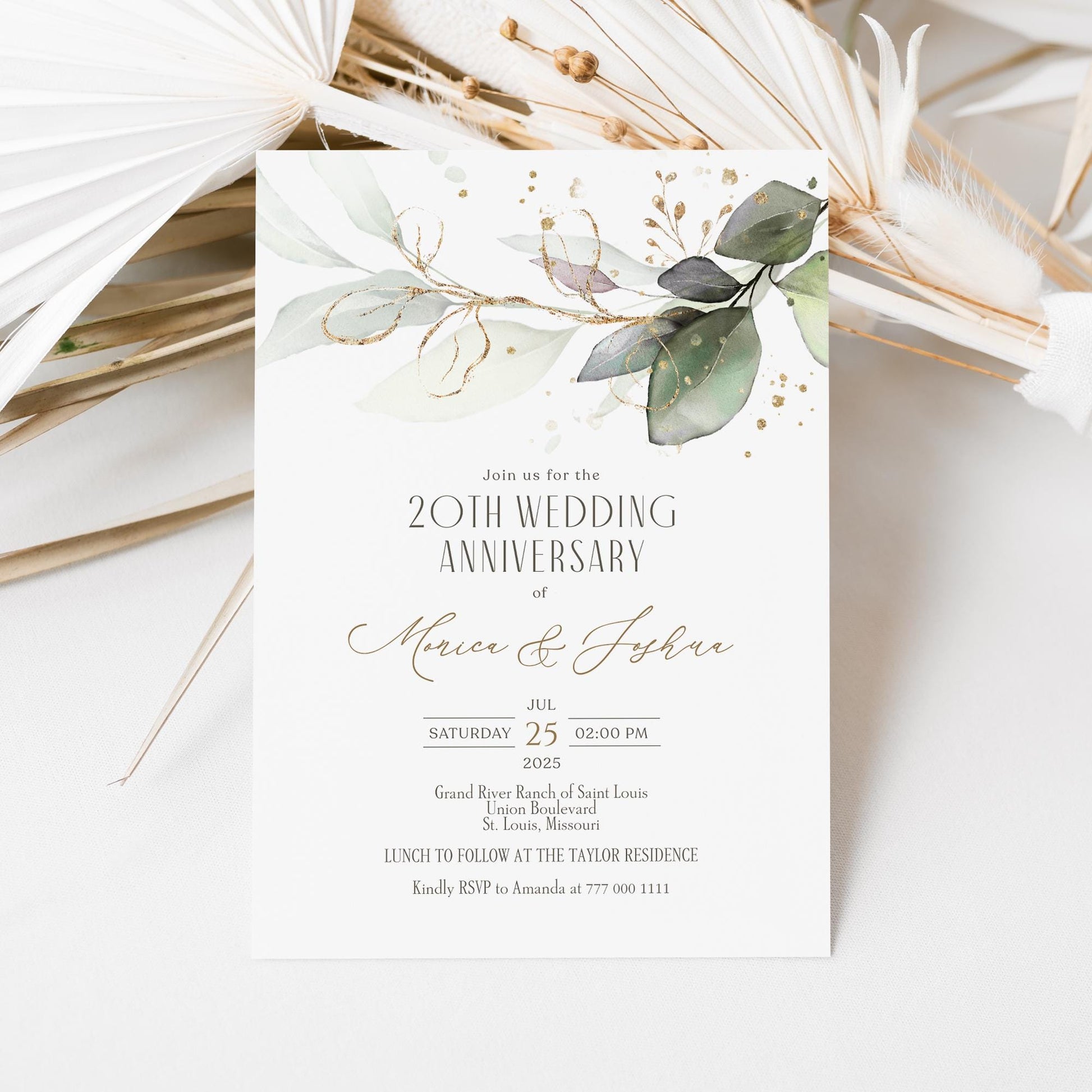 Editable Greenery Anniversary Card Invitation, Eucalyptus Leaves Wedding Anniversary template, Printable Celebration Dinner Digital Invite