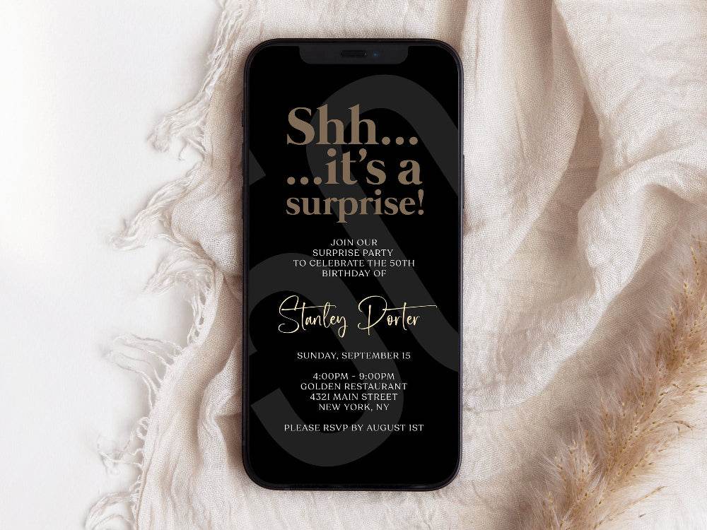 Digital “Shhh… It’s a Surprise” Birthday Invitation Template, Black Minimalist 50th Text-Message Evite, Editable Electronic Invite, Instant Download