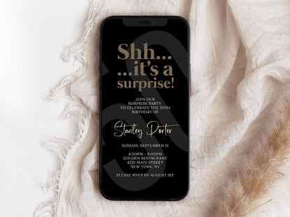 Digital “Shhh… It’s a Surprise” Birthday Invitation Template, Black Minimalist 50th Text-Message Evite, Editable Electronic Invite, Instant Download
