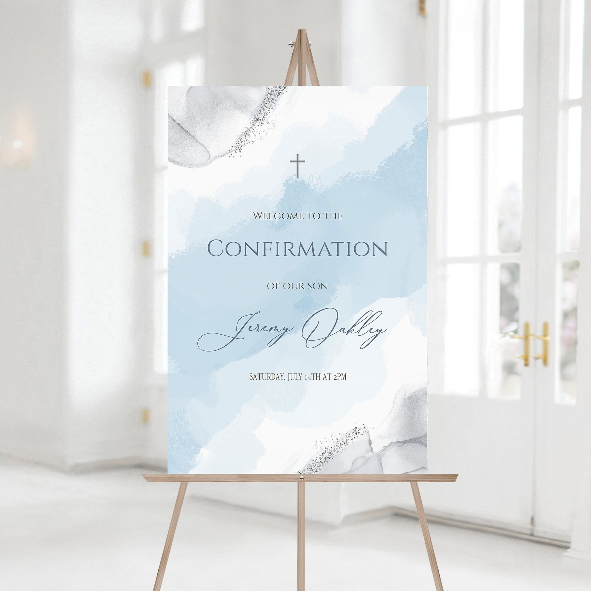 Blue Silver Boy Confirmation Welcome Sign, Welcome Sign Template, Printable Confirmation Sign, Editable Baptism Watercolor Welcome Poster
