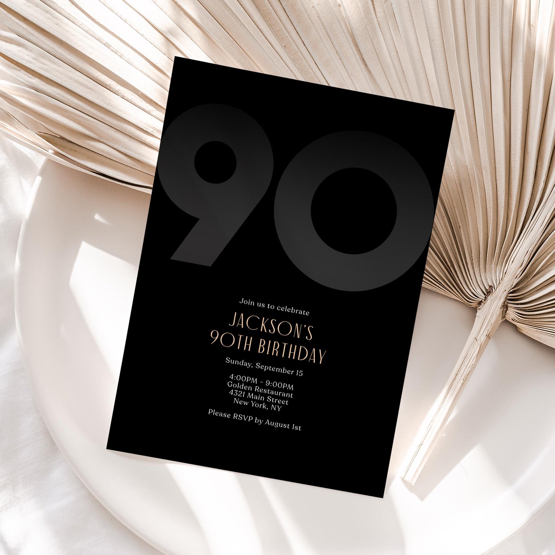 Black 90th Birthday Invitation Template | Editable Modern Men's Party Invite | Elegant Printable Ninety Birthday Card | Instant Download