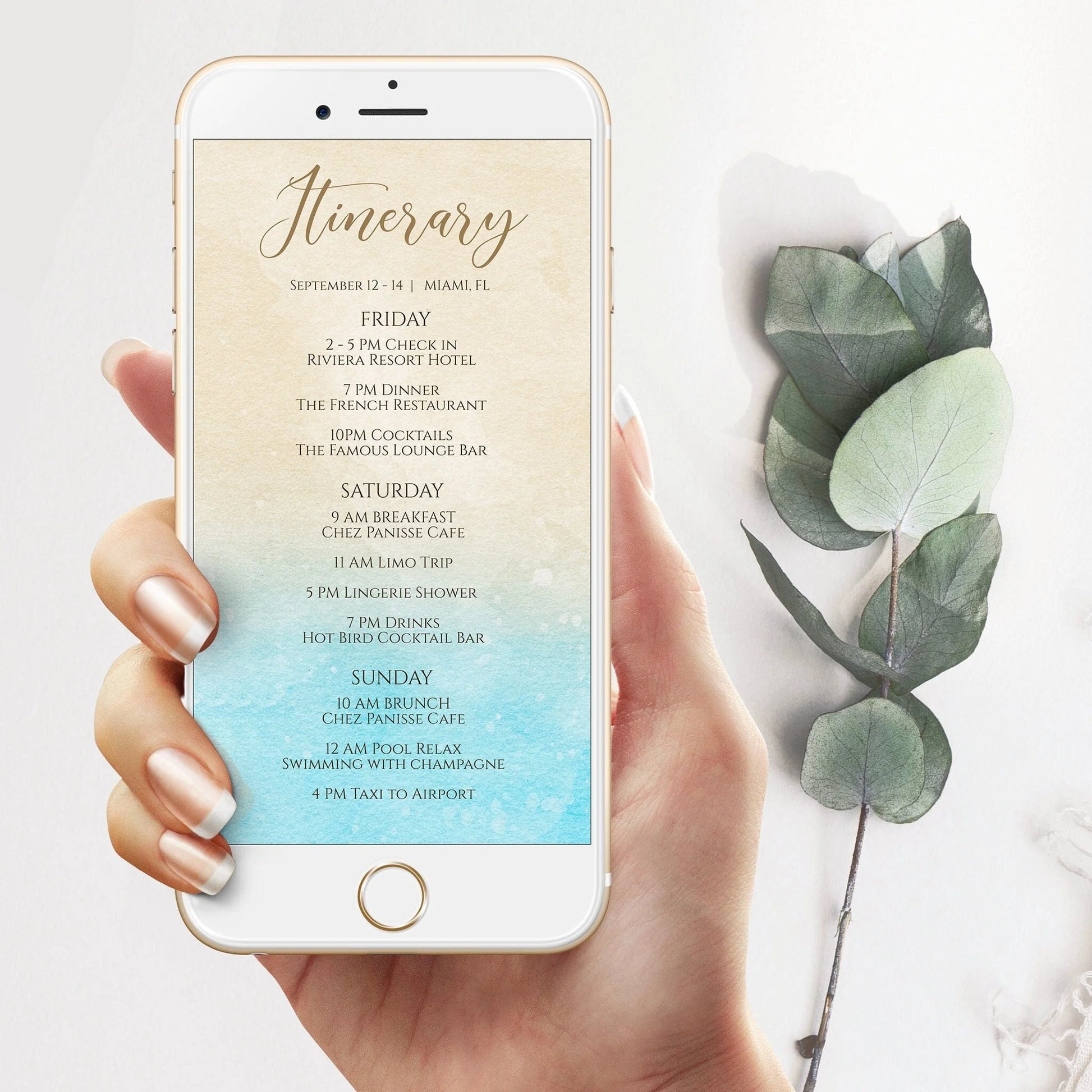 Beach Electronic Itinerary, Birthday, Bachelorette, Wedding, Family Reunion, Electronic Schedule, Email Itinerary, Editable SMS Text Message