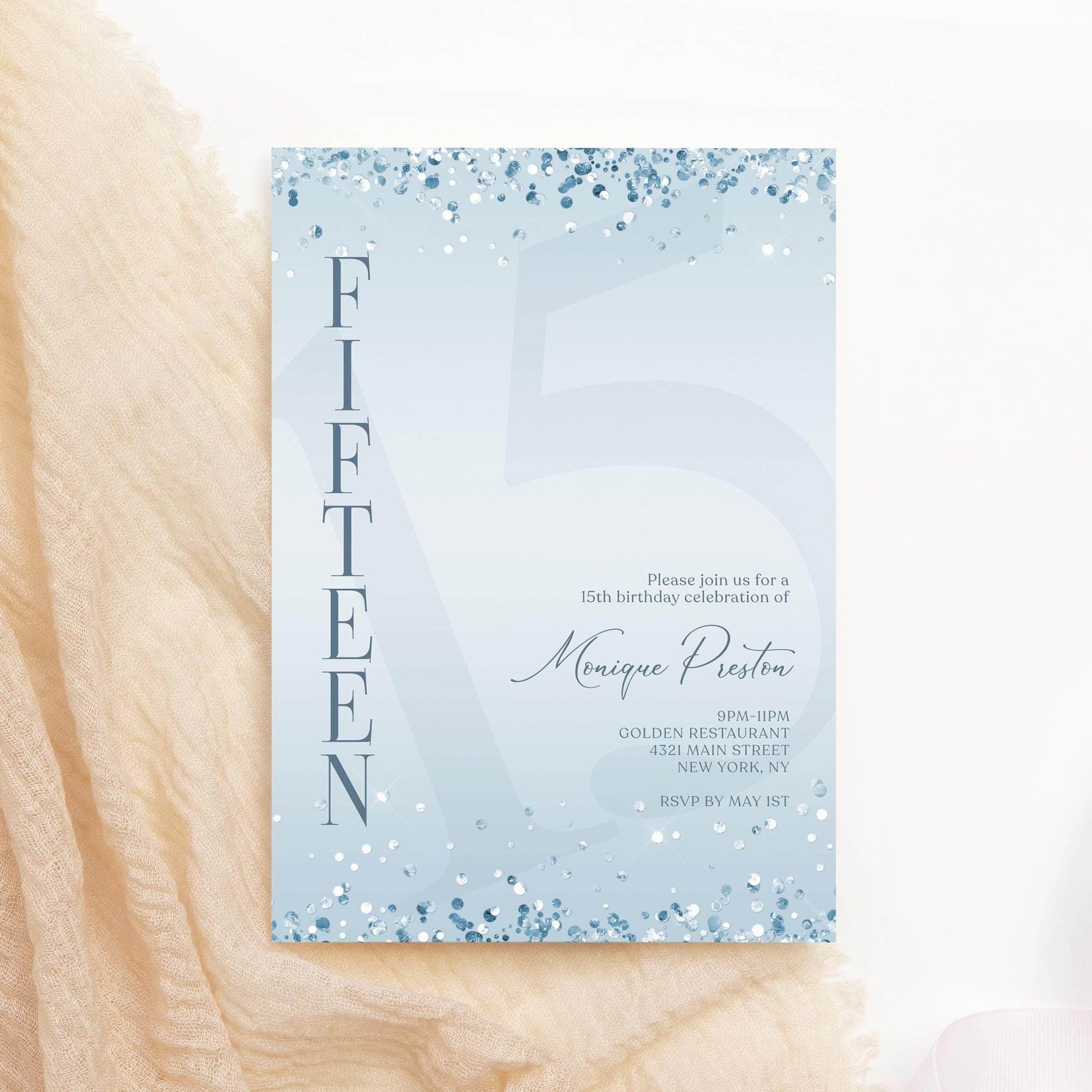 Editable Blue Confetti 15th Birthday Invitation – Printable Boy Birthday Invite | Surprise Party Template | Digital Text or Email Download | Blue & Silver Modern Design