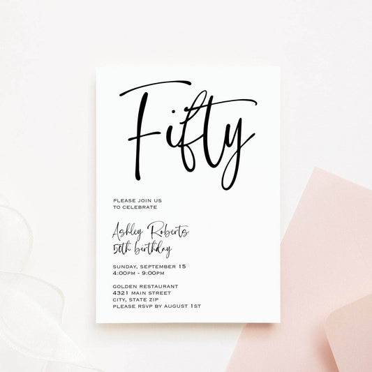 Simple 50th Birthday Invitation, Editable Fifty Birthday Invite, Printable Men’s or Women’s Birthday Party Invitation, Instant Download Template