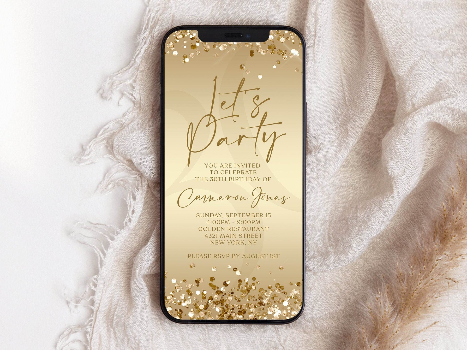 Digital Gold Let’s Party Birthday Invitation Template, Editable Electronic Evite, Custom Any Age Text Message Invite, Instant Download