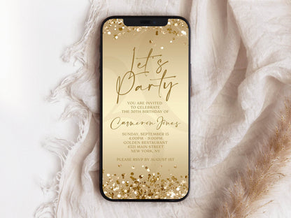 Digital Gold Let’s Party Birthday Invitation Template, Editable Electronic Evite, Custom Any Age Text Message Invite, Instant Download