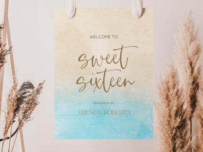 Sweet Sixteen Welcome Sign Template Printable, Beach Birthday Party Welcome Poster, Editable Birthday Banner Decorations, Instant Download