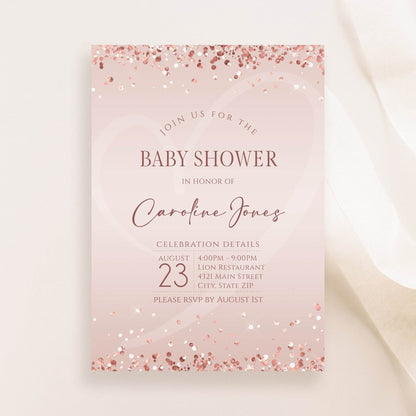 Pink Baby Shower Invitation Template – Editable Rose Gold Girl Baby Shower Invite – Digital Text or Email Evite – Instant Download