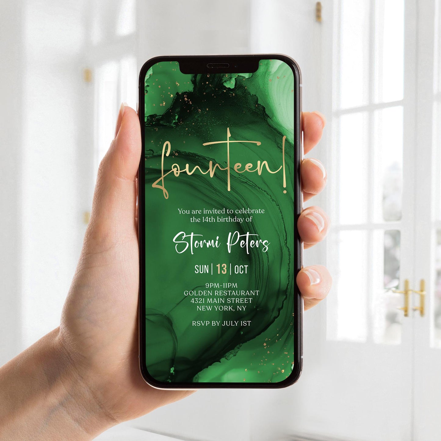 14th Birthday Invitation Template - Green Emerald Gold Foil Design | Instant Download