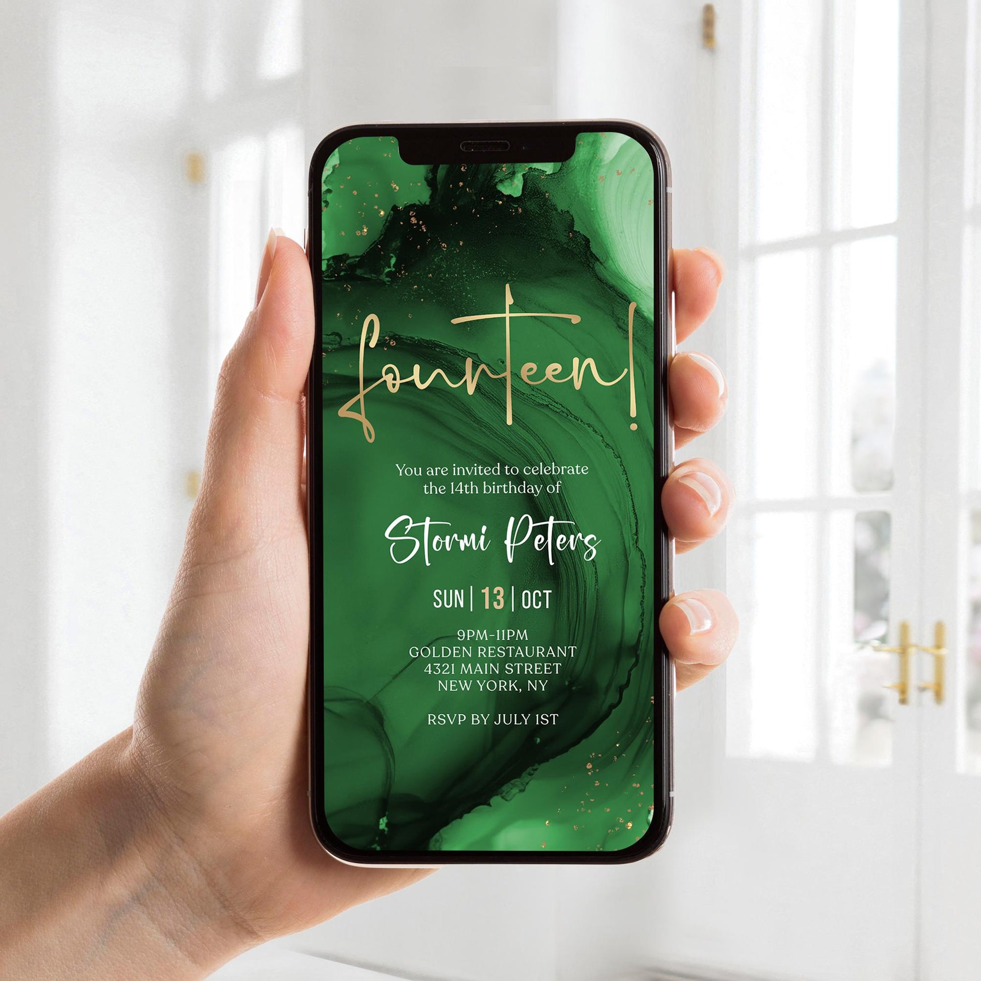 14th Birthday Invitation Template - Green Emerald Gold Foil Design | Instant Download