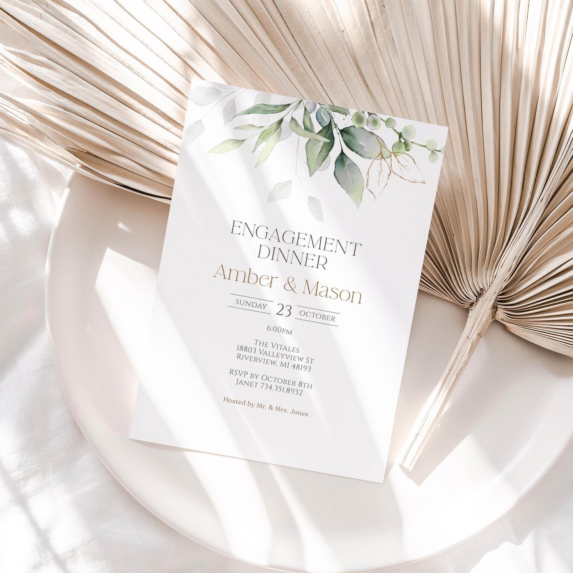 Greenery Engagement Dinner Party Invitation Template – Minimalist Editable Engagement Invite | Printable Invitation Card | Instant Download