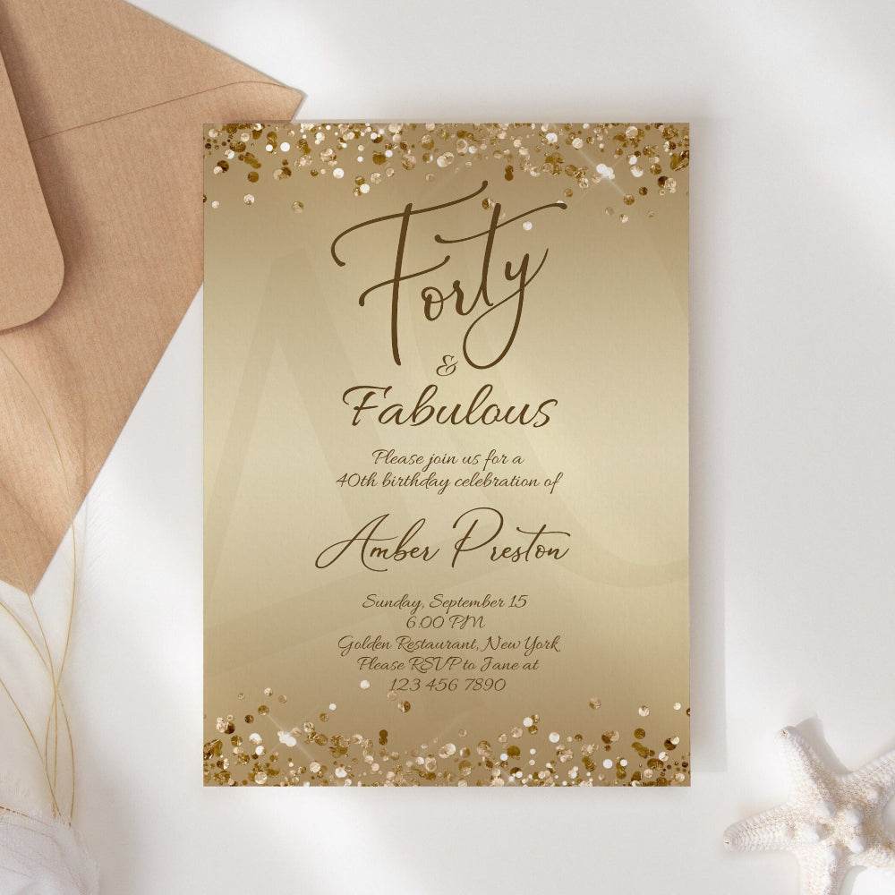 Gold 40th Birthday Invitation for Her – Editable Forty & Fabulous Surprise Party Template | Printable Gold Confetti Invite for Women | Instant Download