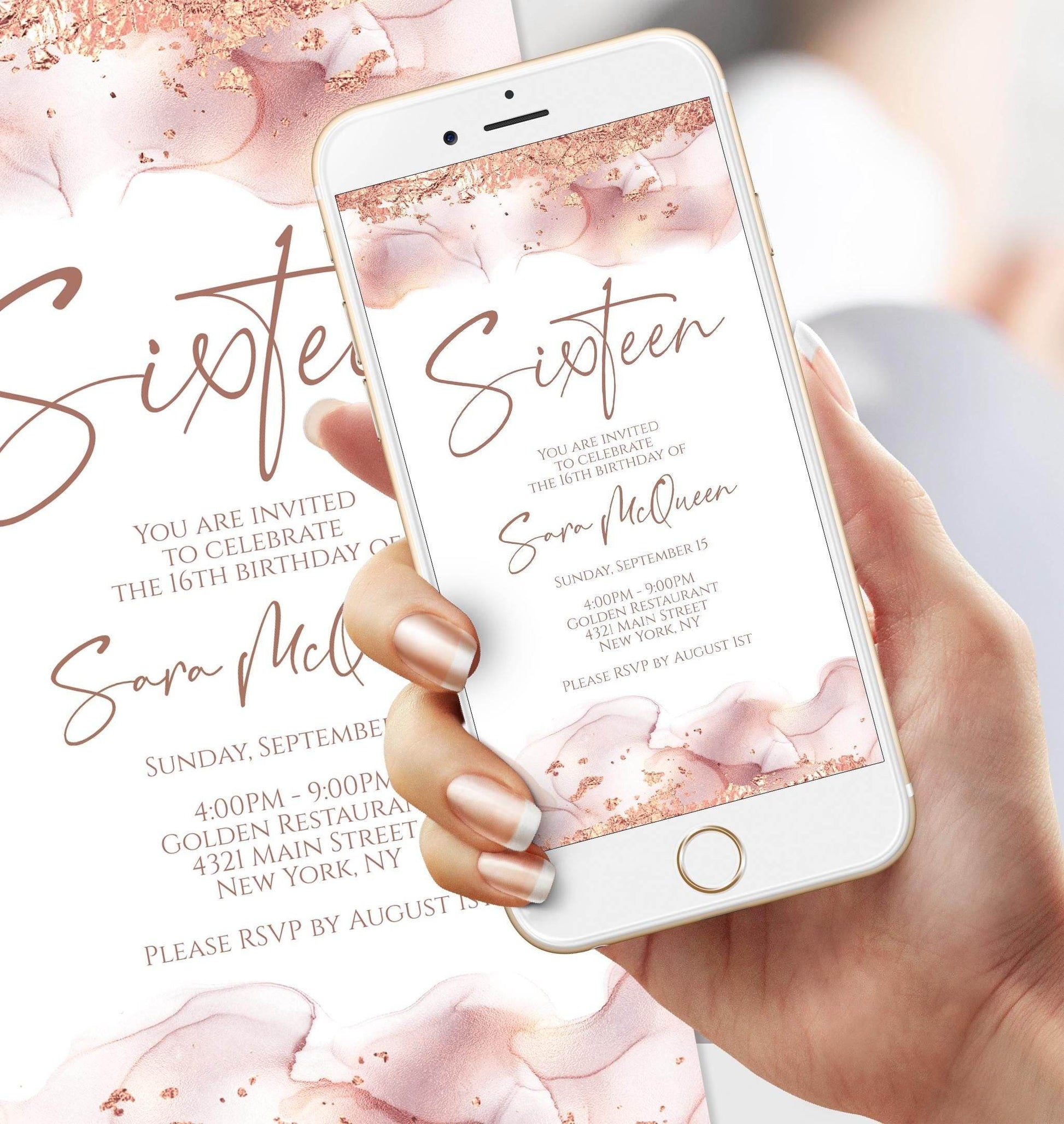 16th Birthday Electronic Invitation, Rose Gold Editable Sweet Sixteen Evite, Digital Blush Text Message Invite, Phone Party Template