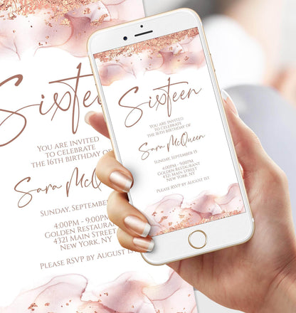 16th Birthday Electronic Invitation, Rose Gold Editable Sweet Sixteen Evite, Digital Blush Text Message Invite, Phone Party Template