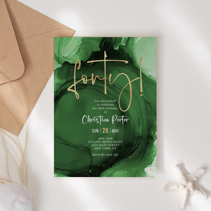 Green & Gold 40th Birthday Invitation | Editable Emerald Surprise Party Invite | Printable Digital Birthday Template | Instant Download