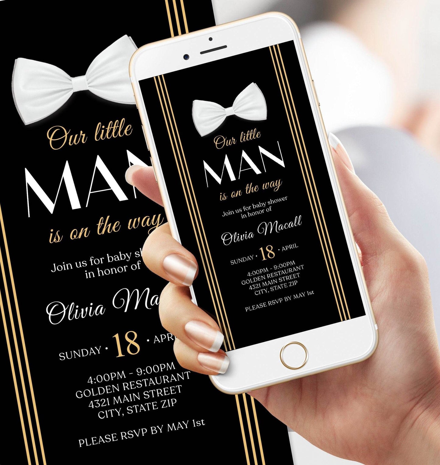 Digital Baby Shower Invitation Template, Black Gold Bow Tie Invite, Little Gentleman, Editable Phone Evite, Text Message Invitation