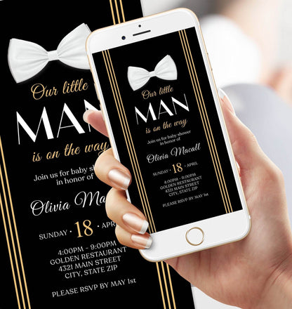 Digital Baby Shower Invitation Template, Black Gold Bow Tie Invite, Little Gentleman, Editable Phone Evite, Text Message Invitation