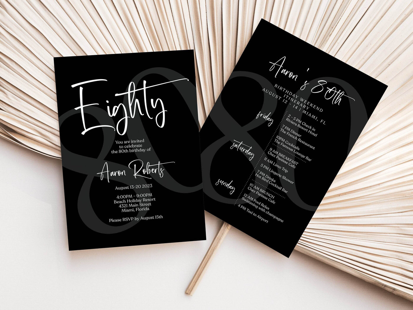 Printable Simple Black 80th Birthday Weekend Itinerary – Editable Minimalist Event Schedule | Birthday Weekend Invite Template | Instant Download